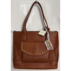 Fossil Vintage Classic Shopper Brandy Brown Leather Tote Pockets Lined Bag NWT